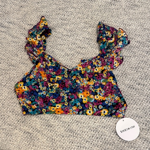 SHEIN Brand New Colorful Floral Ruffle crop top with tie back - Picture 1 of 3